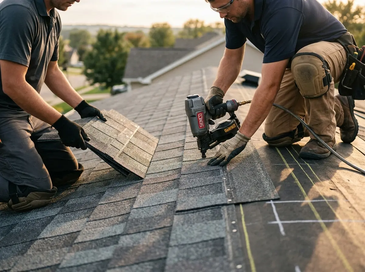 Professional roofer working on a residential roof in Richland Hills